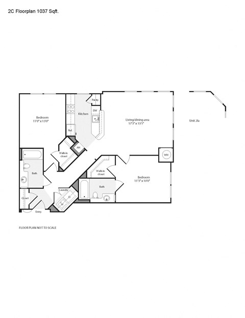 Floor plan for 2 beds, 2 baths, 1037 sqft